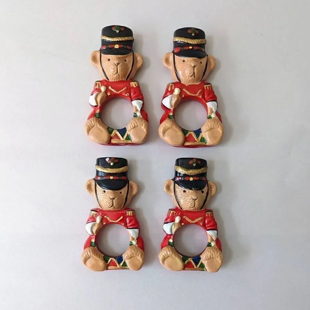 Vintage Ceramic Crafts Teddy Bear Drum Band Napkin Rings Multicolor Size 4.25"
